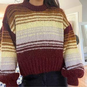 Maroon stripes Wool Thick Wool Knit Sweater cropped with balloon sleeves size M